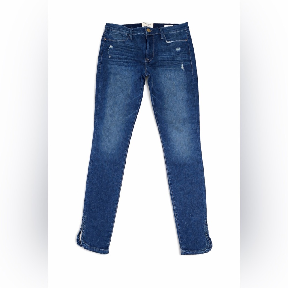 FRAME Le High Skinny Bustle Jeans Size 31 Blue Distressed Curved Slit Hem - Picture 3 of 10